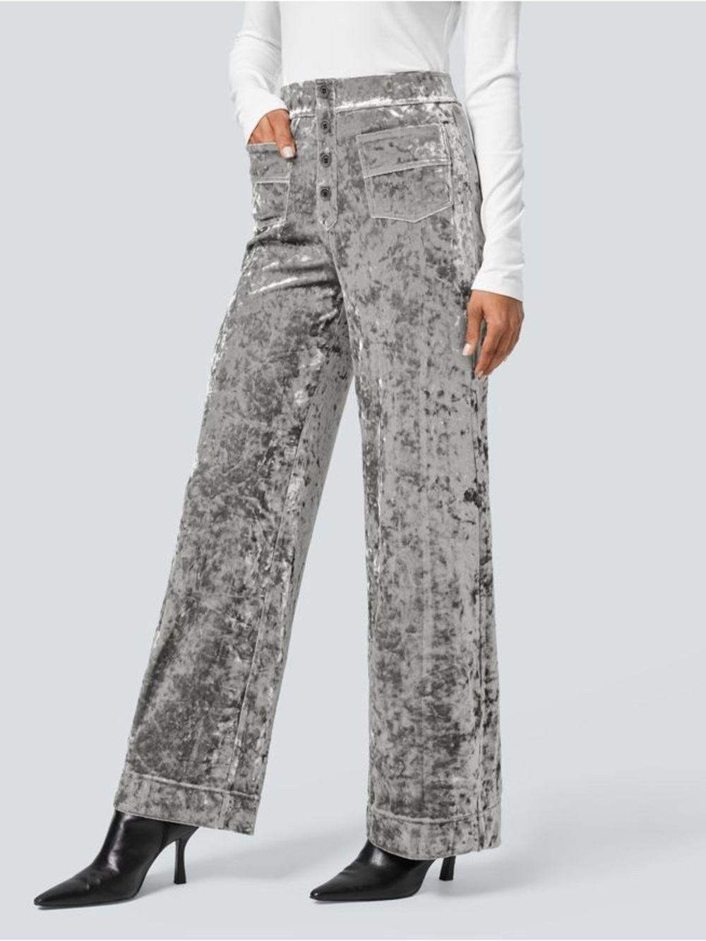Halara High Waisted Velvet Straight Leg Pants L Gray NWT Pockets